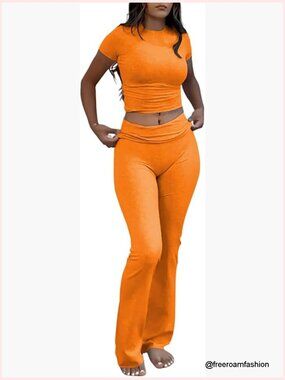 Two Piece Lounge Set - Short Sleeve Slim Fit Pant Set